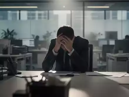 Eine erschöpfte Person sitzt mit dem Kopf in den Händen an einem Schreibtisch in einem modernen Büro, das Überforderung symbolisiert. - Foto: über boerse-global.de