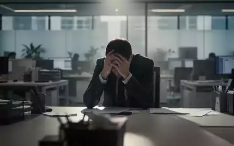 Eine erschöpfte Person sitzt mit dem Kopf in den Händen an einem Schreibtisch in einem modernen Büro, das Überforderung symbolisiert. - Foto: über boerse-global.de