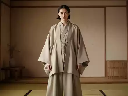 Eine Person trägt minimalistische, japanisch inspirierte Kleidung in weiten Silhouetten und neutralen Farben, vor einem modernen Hintergrund. - Foto: über boerse-global.de