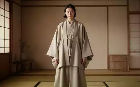 Eine Person trägt minimalistische, japanisch inspirierte Kleidung in weiten Silhouetten und neutralen Farben, vor einem modernen Hintergrund. - Foto: über boerse-global.de