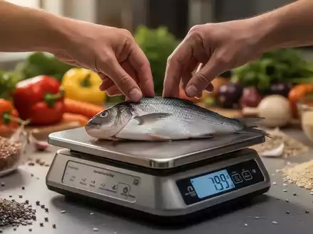 Eine Hand legt ein Stück Fisch auf eine Küchenwaage, im Hintergrund unscharf Lebensmittel wie Gemüse und Getreide. - Foto: über boerse-global.de