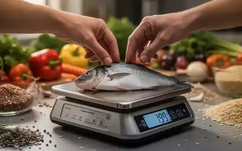 Eine Hand legt ein Stück Fisch auf eine Küchenwaage, im Hintergrund unscharf Lebensmittel wie Gemüse und Getreide. - Foto: über boerse-global.de