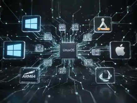 An abstract digital network with glowing lines connecting icons for different operating systems and hardware, symbolizing software updates. - Foto: über boerse-global.de