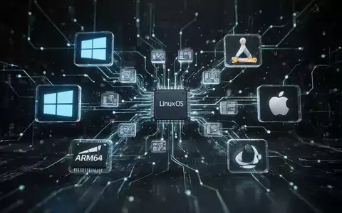 An abstract digital network with glowing lines connecting icons for different operating systems and hardware, symbolizing software updates. - Foto: über boerse-global.de