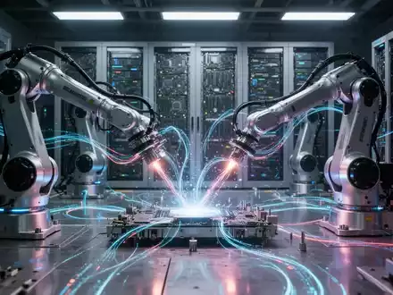 Robotic arms in a futuristic factory, with data streams and computing hardware, illustrating edge AI and industrial automation. - Foto: über boerse-global.de