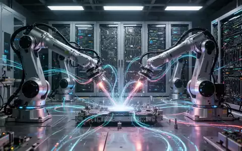 Robotic arms in a futuristic factory, with data streams and computing hardware, illustrating edge AI and industrial automation. - Foto: über boerse-global.de