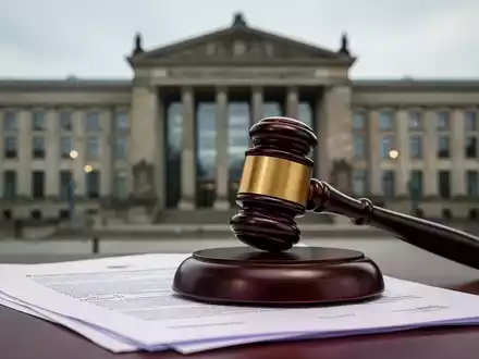 Ein Richterhammer ruht auf juristischen Dokumenten, im verschwommenen Hintergrund ist das Bundesverfassungsgericht in Karlsruhe zu sehen. - Foto: über boerse-global.de