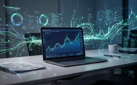 Ein Laptop zeigt Finanzdiagramme, umgeben von stilisierten digitalen Datenströmen und leuchtenden Linien, die elektronische Finanzberichte darstellen. - Foto: über boerse-global.de