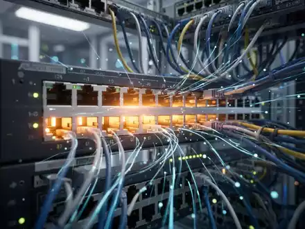Nahaufnahme eines modernen Netzwerk-Switches mit leuchtenden Anschlüssen, der Datenfluss und potenzielle Engpässe symbolisiert. - Foto: über boerse-global.de