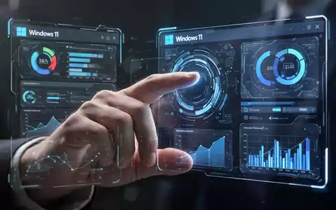 A hand interacts with a holographic interface showing Windows 11 updates and performance graphs, symbolizing user experience improvements. - Foto: über boerse-global.de