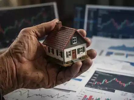 Eine verwitterte Bauernhand hält ein kleines Modell eines Bauernhauses. Im Hintergrund sind unscharfe Finanzdokumente zu sehen. - Foto: über boerse-global.de