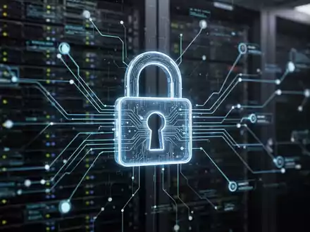 A digital padlock icon with glowing lines, superimposed over a blurred network diagram, symbolizing cybersecurity. - Foto: über boerse-global.de