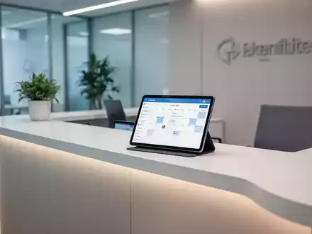 Ein moderner Empfangstresen einer Arztpraxis mit einem Tablet, das eine digitale Kalenderansicht zeigt, symbolisiert digitale Terminplanung. - Foto: über boerse-global.de