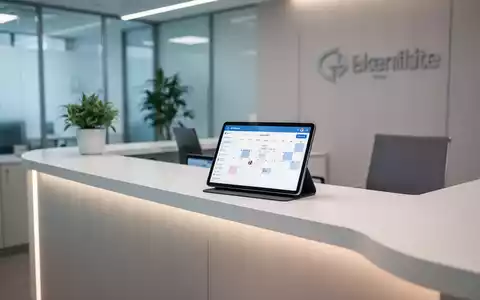 Ein moderner Empfangstresen einer Arztpraxis mit einem Tablet, das eine digitale Kalenderansicht zeigt, symbolisiert digitale Terminplanung. - Foto: über boerse-global.de