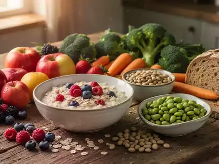 Ein Tisch mit einer Vielzahl ballaststoffreicher Lebensmittel: Haferflocken, Obst, Gemüse, Edamame und Vollkornbrot. - Foto: über boerse-global.de