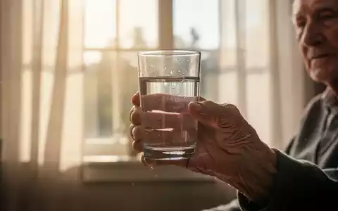 Eine ältere Hand hält ein Glas Wasser, im Hintergrund verschwommen ein sonnendurchflutetes Fenster mit hellen Vorhängen. - Foto: über boerse-global.de