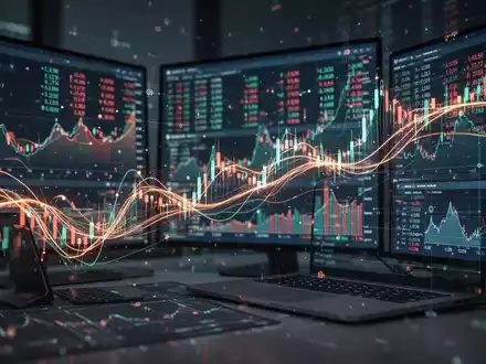 Abstrakte Darstellung von digitalem Handel und E-Commerce, mit leuchtenden Linien und Datenströmen auf Bildschirmen. - Foto: über boerse-global.de