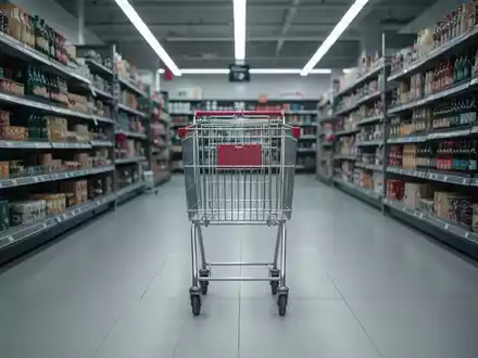 Ein einsamer, unbewegter Einkaufswagen in einem leeren Supermarktgangan, der Stagnation symbolisiert. - Foto: über boerse-global.de