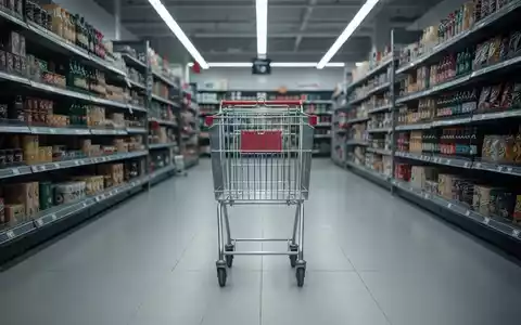 Ein einsamer, unbewegter Einkaufswagen in einem leeren Supermarktgangan, der Stagnation symbolisiert. - Foto: über boerse-global.de