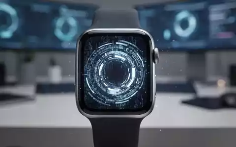 Close-up of an Apple Watch face showing a futuristic interface, with a blurred tech workspace in the background. - Foto: über boerse-global.de