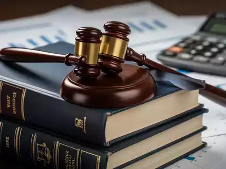 Ein Richterhammer liegt auf einem Stapel Gesetzbücher. Im Hintergrund sind unscharfe Finanzdokumente und ein Taschenrechner zu sehen. - Foto: über boerse-global.de