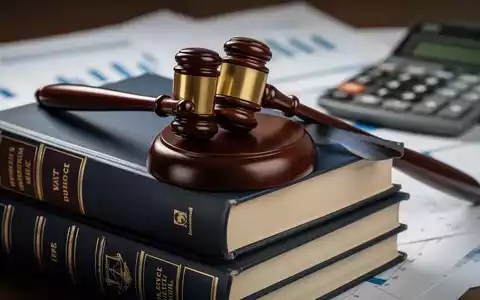 Ein Richterhammer liegt auf einem Stapel Gesetzbücher. Im Hintergrund sind unscharfe Finanzdokumente und ein Taschenrechner zu sehen. - Foto: über boerse-global.de