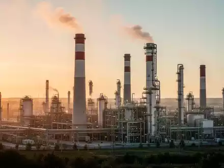 Eine Industrielandschaft mit Fabrikschornsteinen, die sauberen Dampf abgeben, bei Sonnenuntergang beleuchtet, symbolisiert den Übergang zu grüner Technologie. - Foto: über boerse-global.de