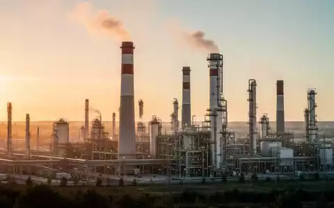 Eine Industrielandschaft mit Fabrikschornsteinen, die sauberen Dampf abgeben, bei Sonnenuntergang beleuchtet, symbolisiert den Übergang zu grüner Technologie. - Foto: über boerse-global.de