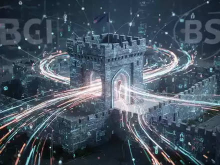 Abstraktes Bild, das die Sicherheit von 5G-Netzwerken darstellt, mit leuchtenden Datenströmen und einer digitalen Festung. Betont Cybersicherheit und Technologie. - Foto: über boerse-global.de