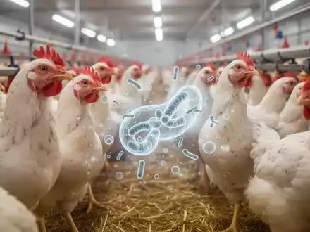 Gesunde Masthähnchen in einem modernen Stall, symbolisch dargestellt mit einem feinen, leuchtenden Schleier, der Probiotika repräsentiert. - Foto: über boerse-global.de