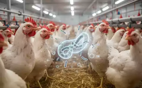 Gesunde Masthähnchen in einem modernen Stall, symbolisch dargestellt mit einem feinen, leuchtenden Schleier, der Probiotika repräsentiert. - Foto: über boerse-global.de