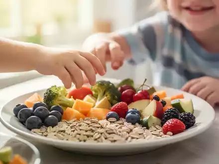Ein Kind greift nach einer Schüssel mit einer gesunden Mahlzeit, die reich an bunten Früchten und Gemüse ist. - Foto: über boerse-global.de