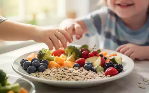 Ein Kind greift nach einer Schüssel mit einer gesunden Mahlzeit, die reich an bunten Früchten und Gemüse ist. - Foto: über boerse-global.de