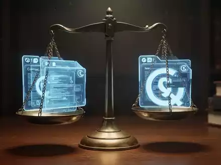 Rechtliche Waage, die digitale Dateien und Urheberrechtssymbole ausgleicht, vor einem Hintergrund von Serverracks. - Foto: über boerse-global.de