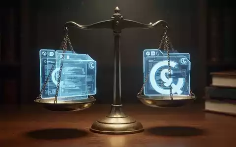 Rechtliche Waage, die digitale Dateien und Urheberrechtssymbole ausgleicht, vor einem Hintergrund von Serverracks. - Foto: über boerse-global.de