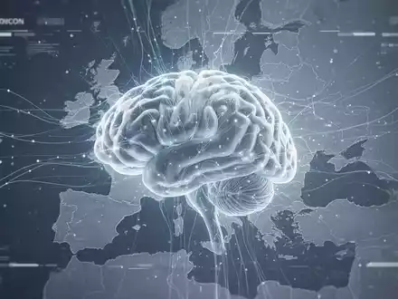 A stylized AI brain digital interface with an overlay of the European Union map, representing AI technology and regulatory challenges. - Foto: über boerse-global.de
