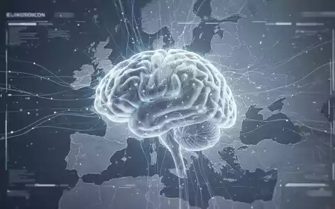 A stylized AI brain digital interface with an overlay of the European Union map, representing AI technology and regulatory challenges. - Foto: über boerse-global.de