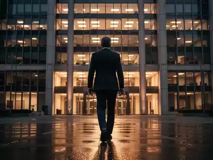 Eine einzelne, von hinten gesehene Figur in einem Anzug, die sich von einem großen Firmengebäude bei Dämmerung entfernt. - Foto: über boerse-global.de