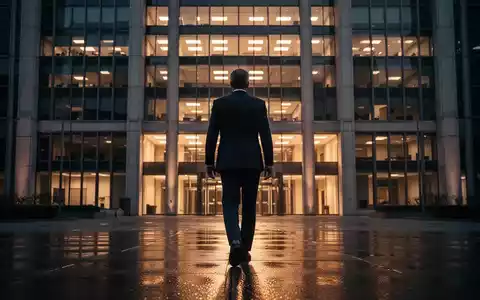 Eine einzelne, von hinten gesehene Figur in einem Anzug, die sich von einem großen Firmengebäude bei Dämmerung entfernt. - Foto: über boerse-global.de