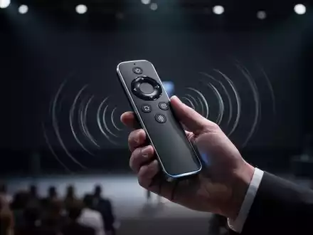A person's hand holds a sleek, modern presentation remote with a subtle glow against a dark, blurred background. - Foto: über boerse-global.de