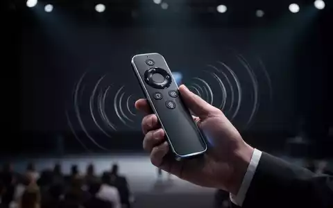 A person's hand holds a sleek, modern presentation remote with a subtle glow against a dark, blurred background. - Foto: über boerse-global.de