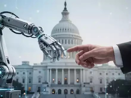 Ein Roboterarm und eine menschliche Hand berühren sich fast vor dem unscharfen Hintergrund des US-Kapitols. - Foto: über boerse-global.de