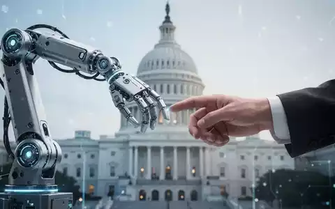 Ein Roboterarm und eine menschliche Hand berühren sich fast vor dem unscharfen Hintergrund des US-Kapitols. - Foto: über boerse-global.de