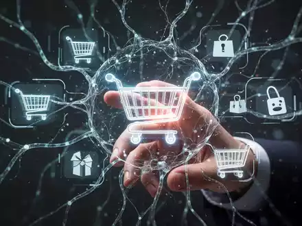 A stylized human hand interacting with a glowing digital interface showing shopping carts and product icons, representing AI in e-commerce. - Foto: über boerse-global.de