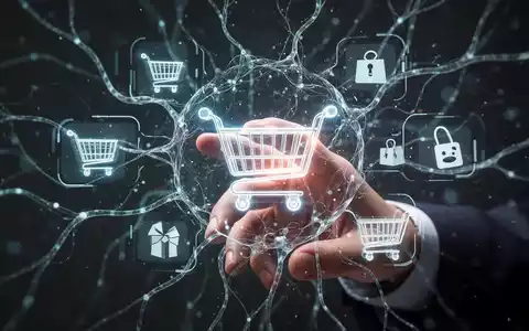 A stylized human hand interacting with a glowing digital interface showing shopping carts and product icons, representing AI in e-commerce. - Foto: über boerse-global.de
