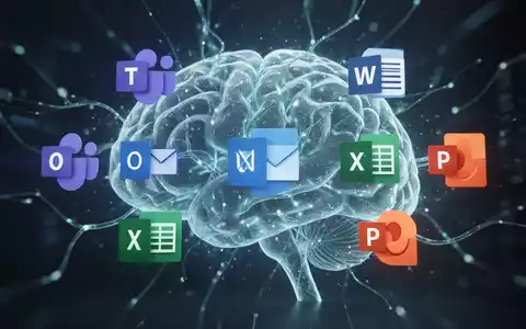 A glowing digital brain intertwined with abstract icons of Microsoft 365 applications, symbolizing AI integration and intelligent agents. - Foto: über boerse-global.de