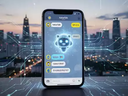 A smartphone showing the KakaoTalk chat interface with an AI chatbot icon, connected to a blurred Seoul skyline. - Foto: über boerse-global.de