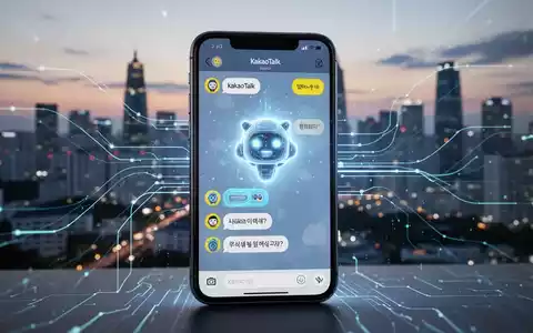 A smartphone showing the KakaoTalk chat interface with an AI chatbot icon, connected to a blurred Seoul skyline. - Foto: über boerse-global.de