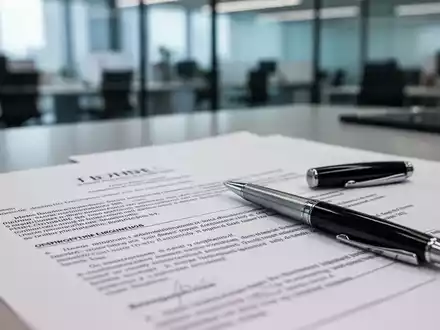 Ein Stift liegt auf einem Rechtsdokument, das rechtliche Überprüfung und Arbeitnehmerschutz symbolisiert. Im Hintergrund ein modernes Büro. - Foto: über boerse-global.de