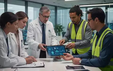Professionals in einem modernen Büro arbeiten zusammen, einer im Laborkittel, ein anderer in Sicherheitsweste, rund um ein Tablet. - Foto: über boerse-global.de